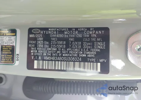 2025 Hyundai Kona Sel from USA, damaged, VIN KM8HB3AB0SU308324